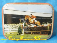 Image for Horse Show Fence-Jumping Equestrian-themed Vintage ca 1950s-1960s Collectible Decorative Sharps Toffees Tin Container/Box <b><span style='color:red'> *****PRIORITY MAIL SHIPPING INCLUDED – DOMESTIC ORDERS ONLY!***** </span></b><span style='color:purple'>